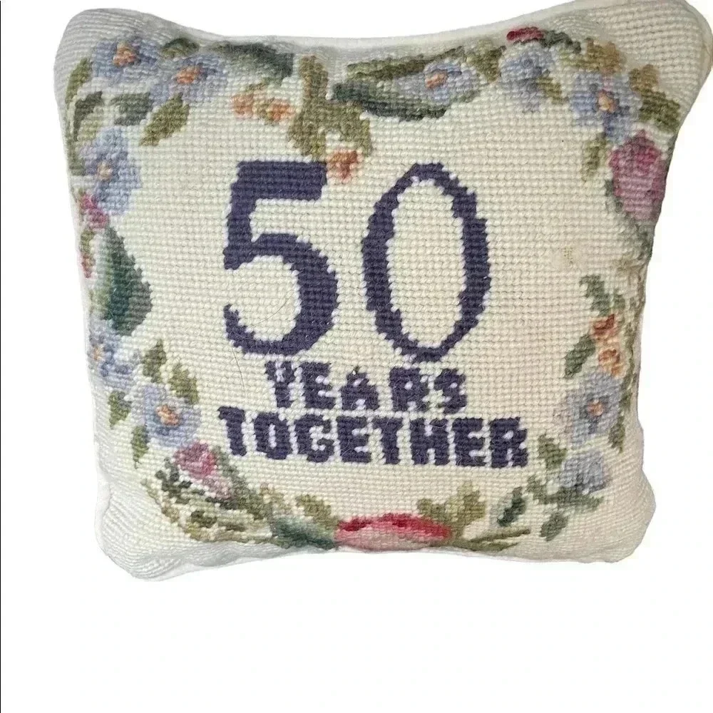 Vintage Cross-stitch Floral Anniversary 50 Years Together decorative pil…